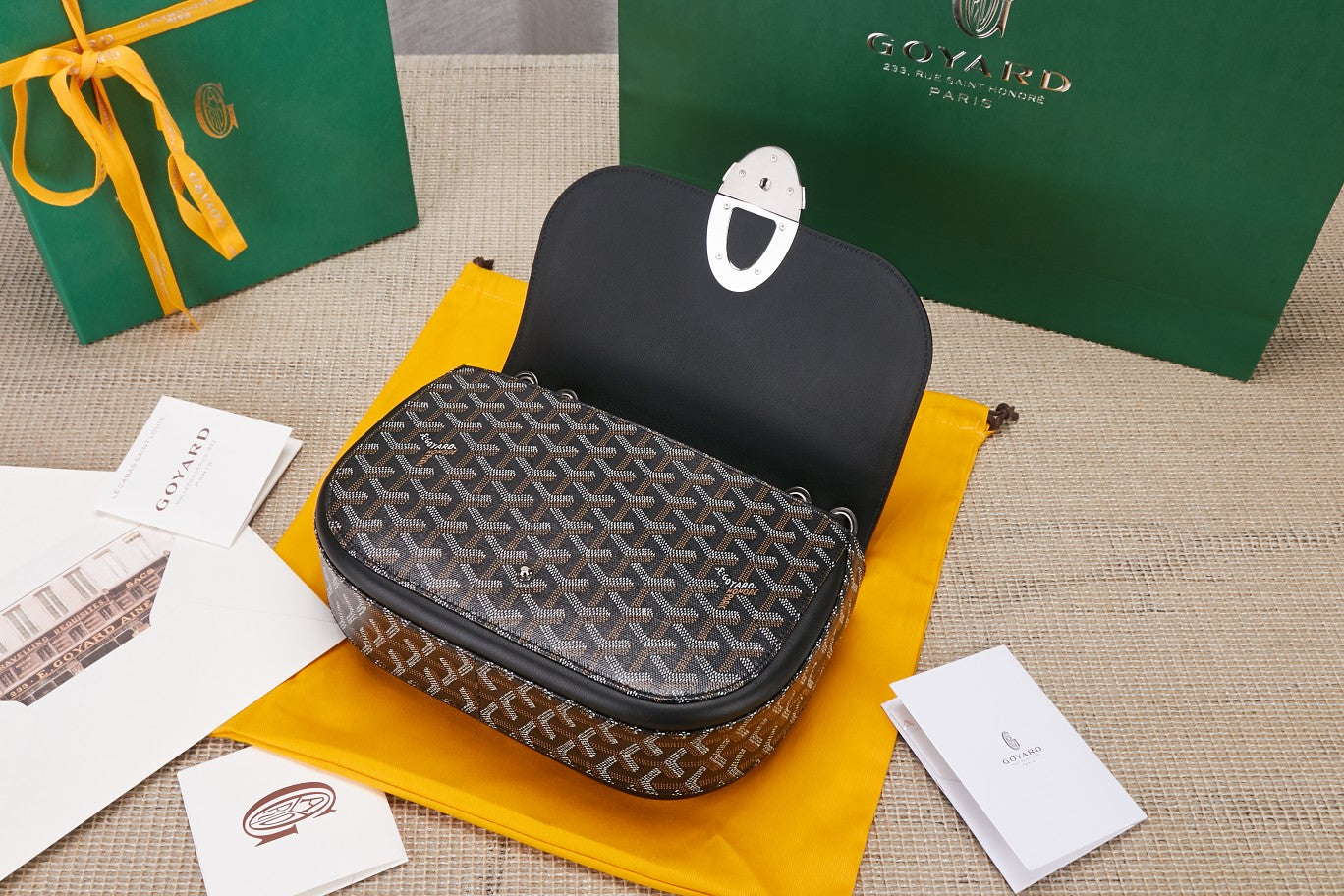 Gogy Classic Black Leather Crossbody Saddle Bag with Chevron Pattern
