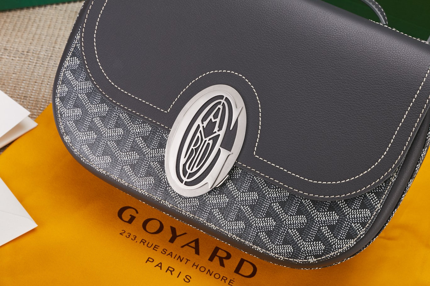 Gogy Elegant Grey Monogram Leather Saddle Bag Crossbody Purse