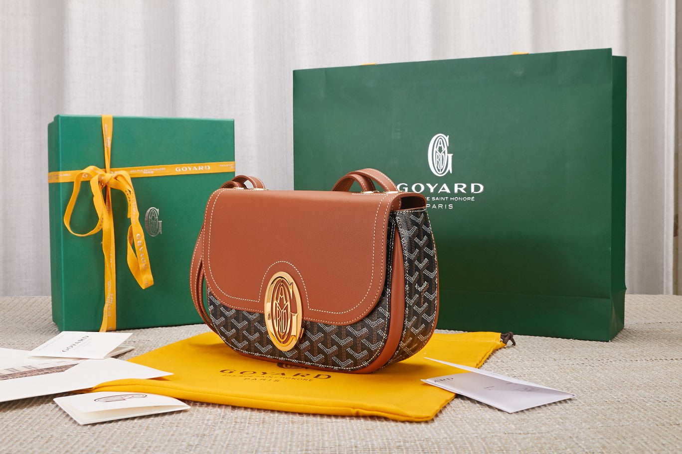 Gogy Classic Chevron Monogram Shoulder Bag with Tan Leather Flap