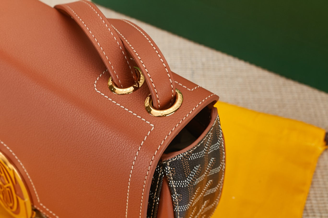 Gogy Classic Chevron Monogram Shoulder Bag with Tan Leather Flap