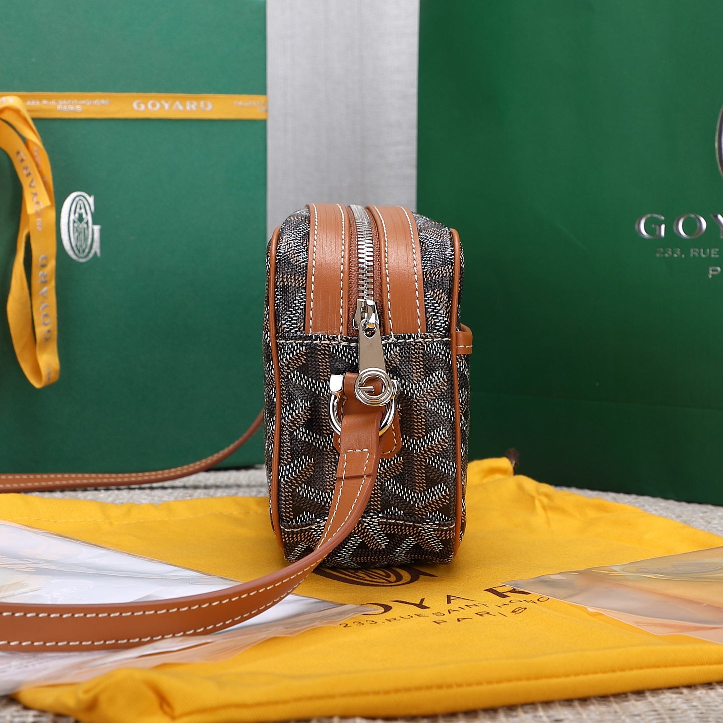 Gogy Classic Monogram Canvas Crossbody Camera Bag with Stripe Detail
