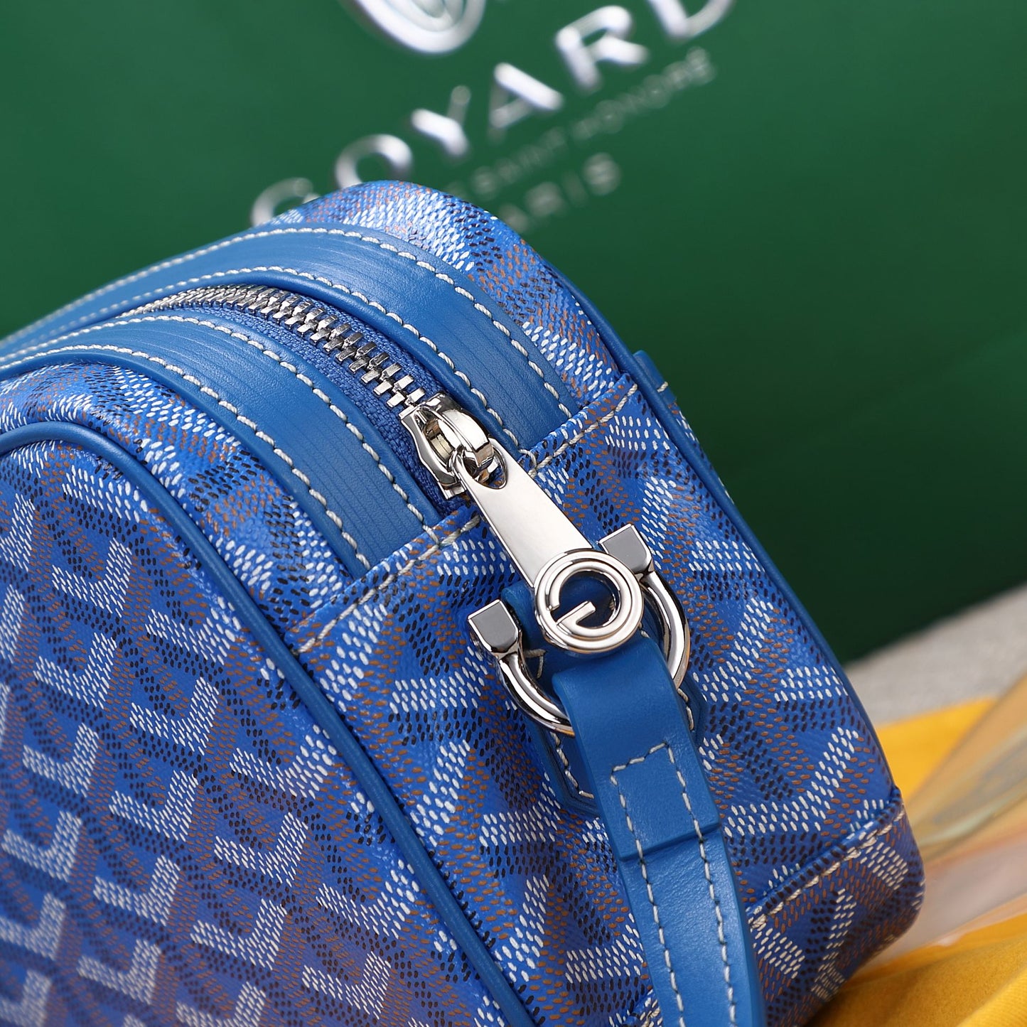 Gogy Blue Chevron Print Leather Crossbody Bag with Stripe Detail
