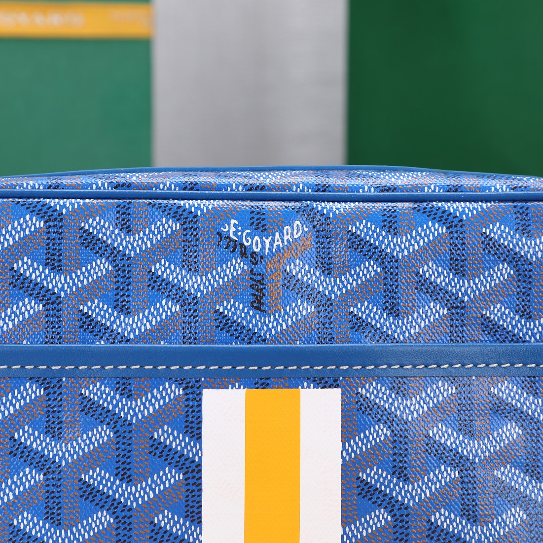 Gogy Blue Chevron Print Leather Crossbody Bag with Stripe Detail