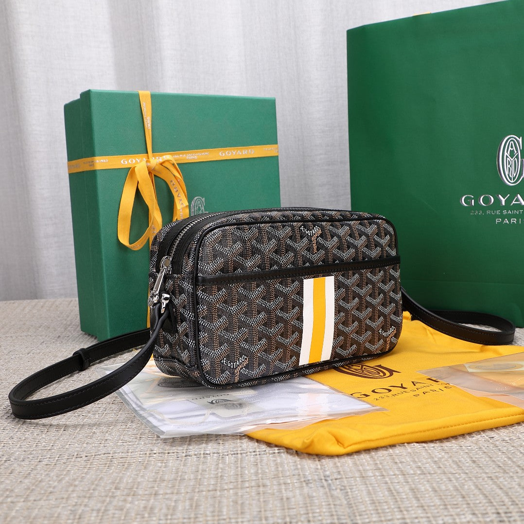 Gogy Classic Chevron Pattern Crossbody Camera Bag with Yellow Stripe
