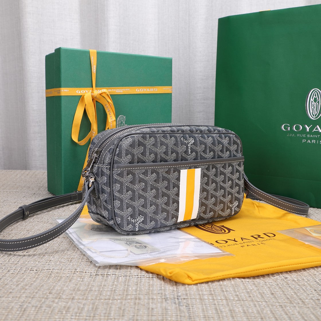 Gogy Grey Chevron Pattern Crossbody Camera Bag with Yellow Stripe Detail