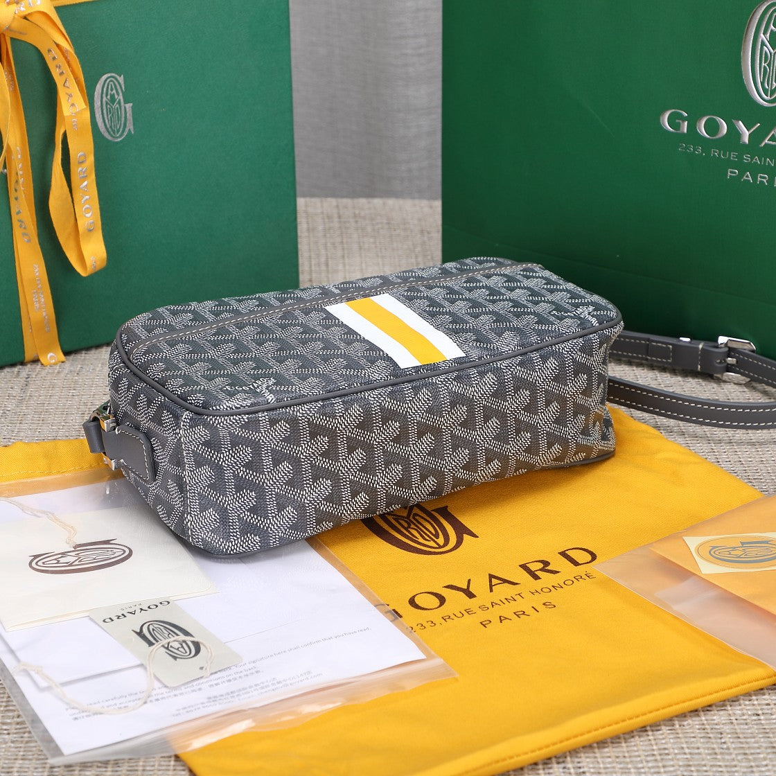Gogy Grey Chevron Pattern Crossbody Camera Bag with Yellow Stripe Detail