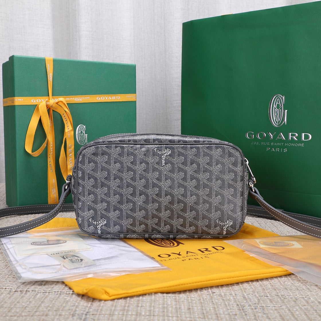 Gogy Grey Chevron Pattern Crossbody Camera Bag with Yellow Stripe Detail