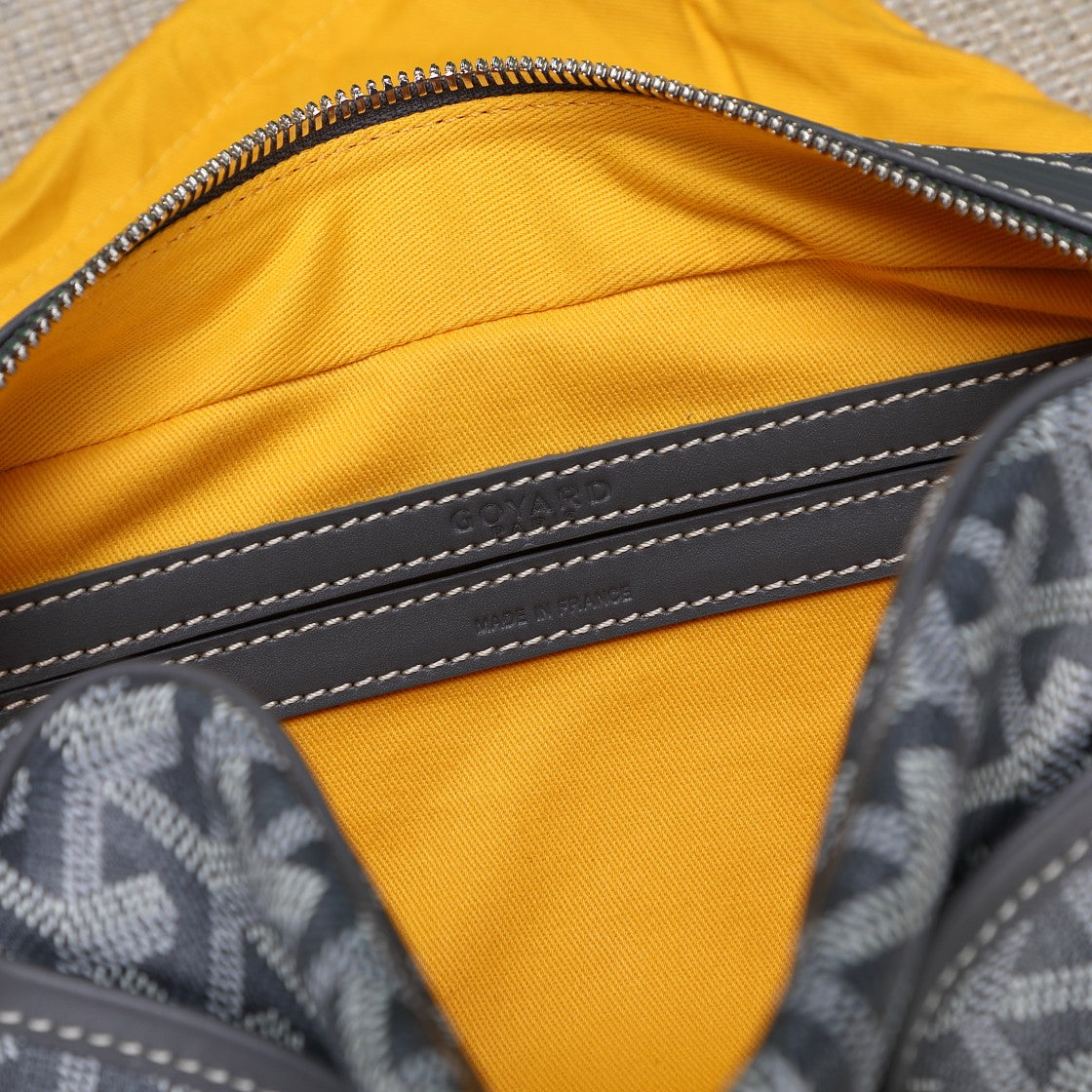 Gogy Grey Chevron Pattern Crossbody Camera Bag with Yellow Stripe Detail