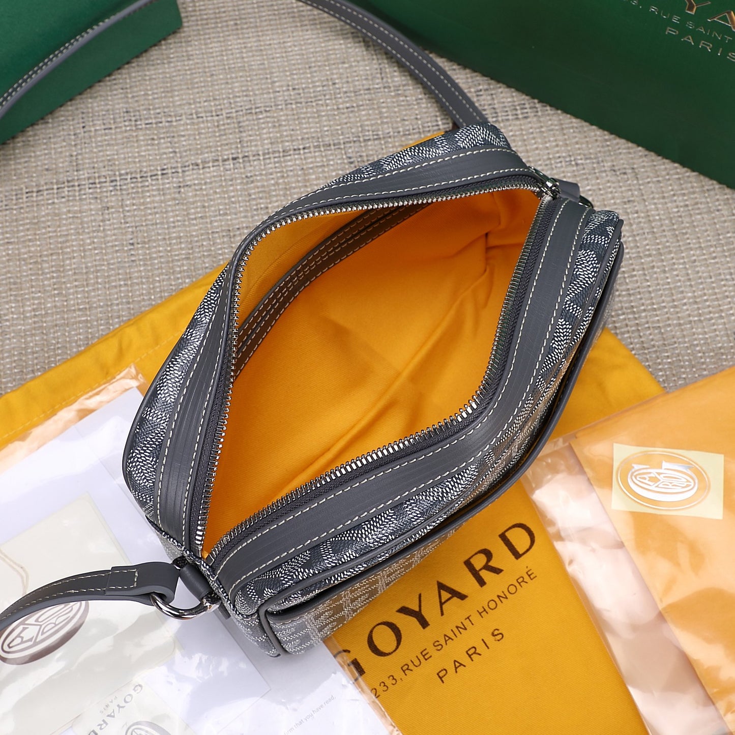Gogy Grey Chevron Pattern Crossbody Camera Bag with Yellow Stripe Detail