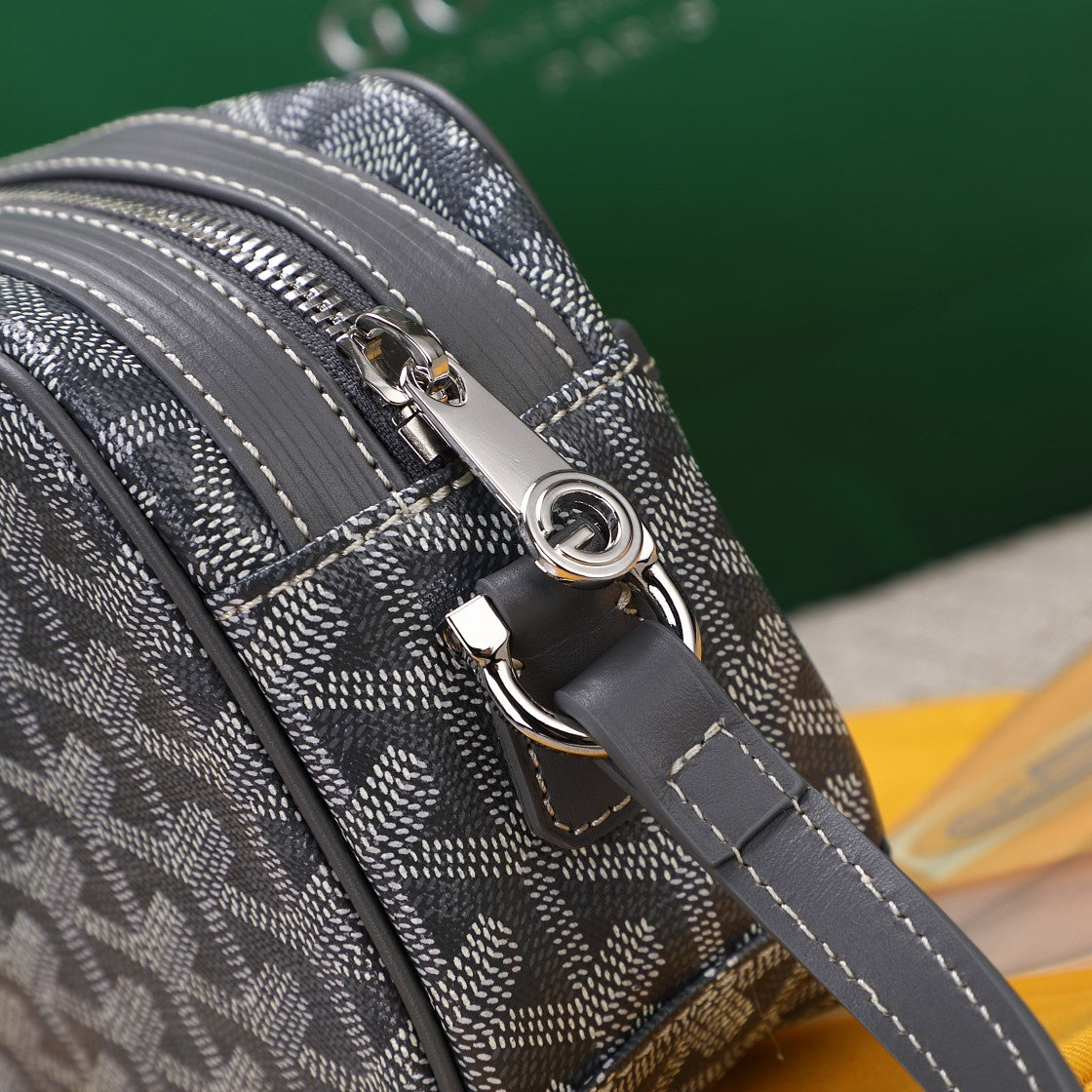 Gogy Grey Chevron Pattern Crossbody Camera Bag with Yellow Stripe Detail