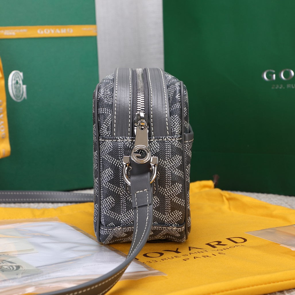 Gogy Grey Chevron Pattern Crossbody Camera Bag with Yellow Stripe Detail