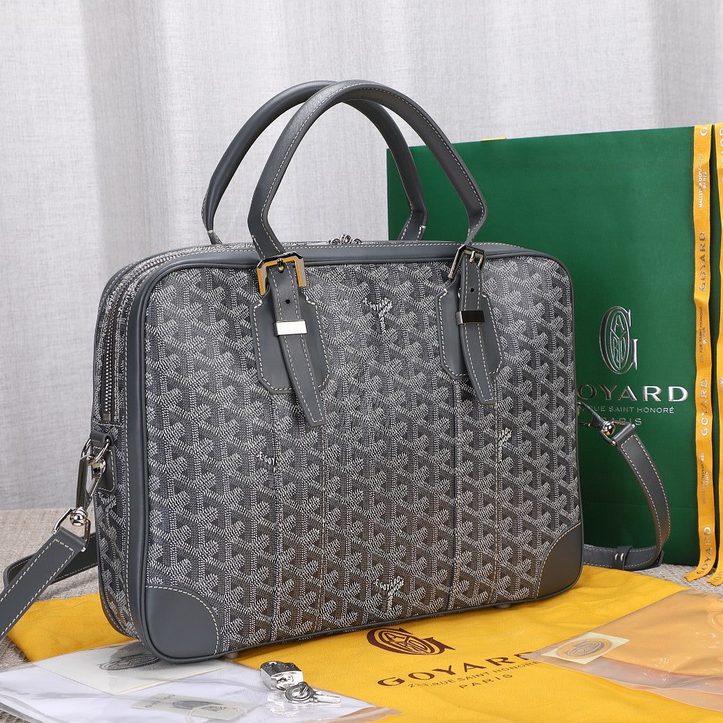 Gogy Classic Grey Chevron Pattern Leather Briefcase Messenger Bag