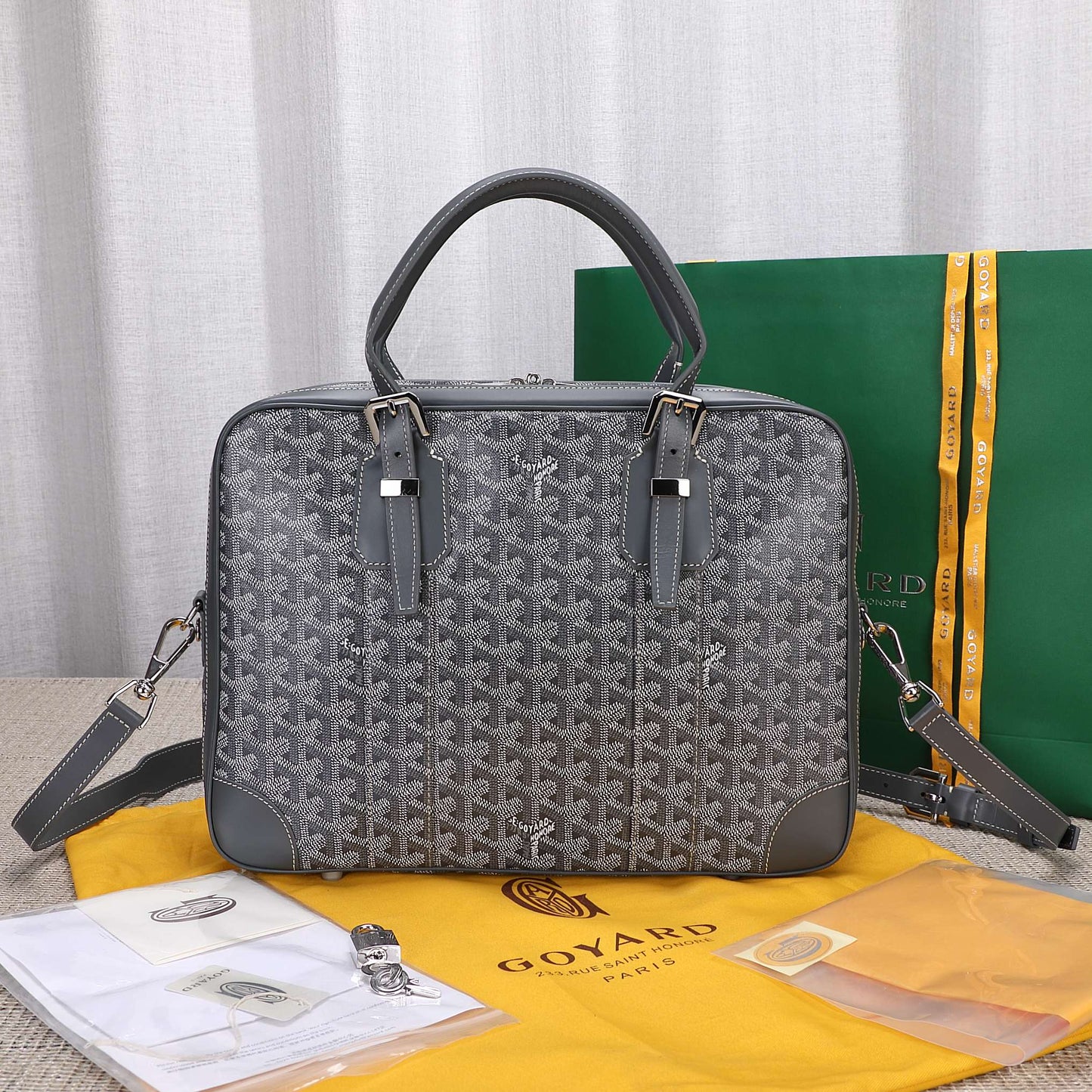 Gogy Classic Grey Chevron Pattern Leather Briefcase Messenger Bag
