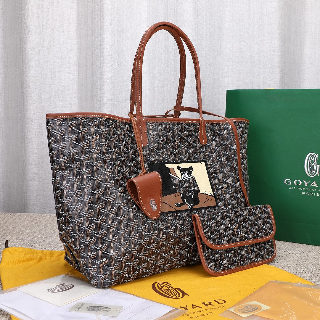 Gogy Geometric Monogram Tote Bag with Cartoon Dog Patch and Pouch