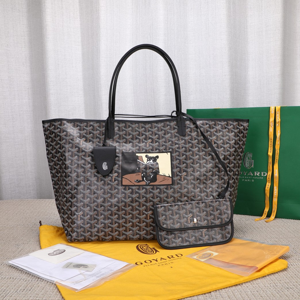 Gogy Luxury Style Chevron Pattern Tote Bag with Cartoon Patch and Pouch