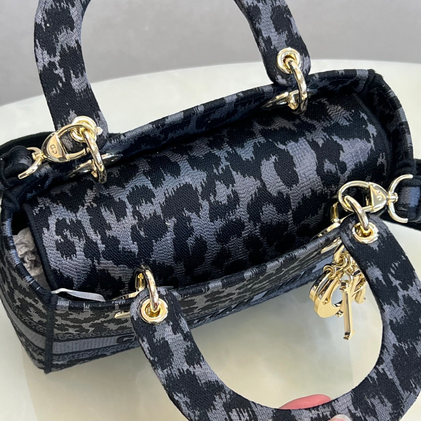 Dior Grey Leopard Print Canvas Mini Handbag with Shoulder Strap