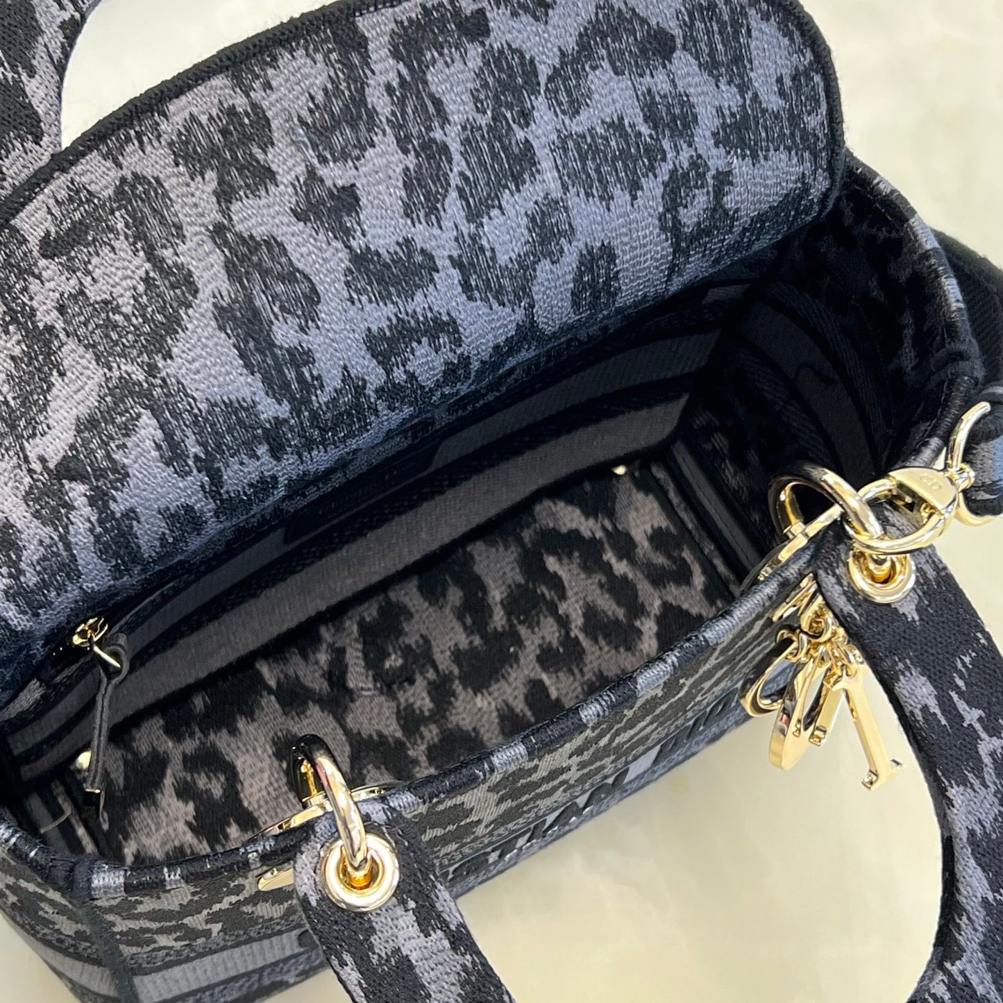 Dior Grey Leopard Print Canvas Mini Handbag with Shoulder Strap