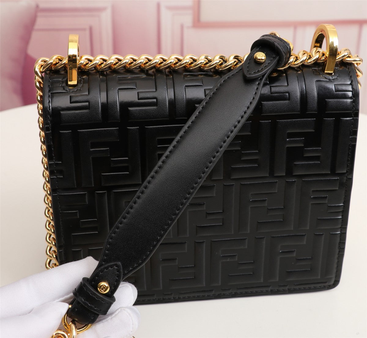 Fendi Kan I Black Embossed FF Logo Leather Shoulder Bag with Gold Chain