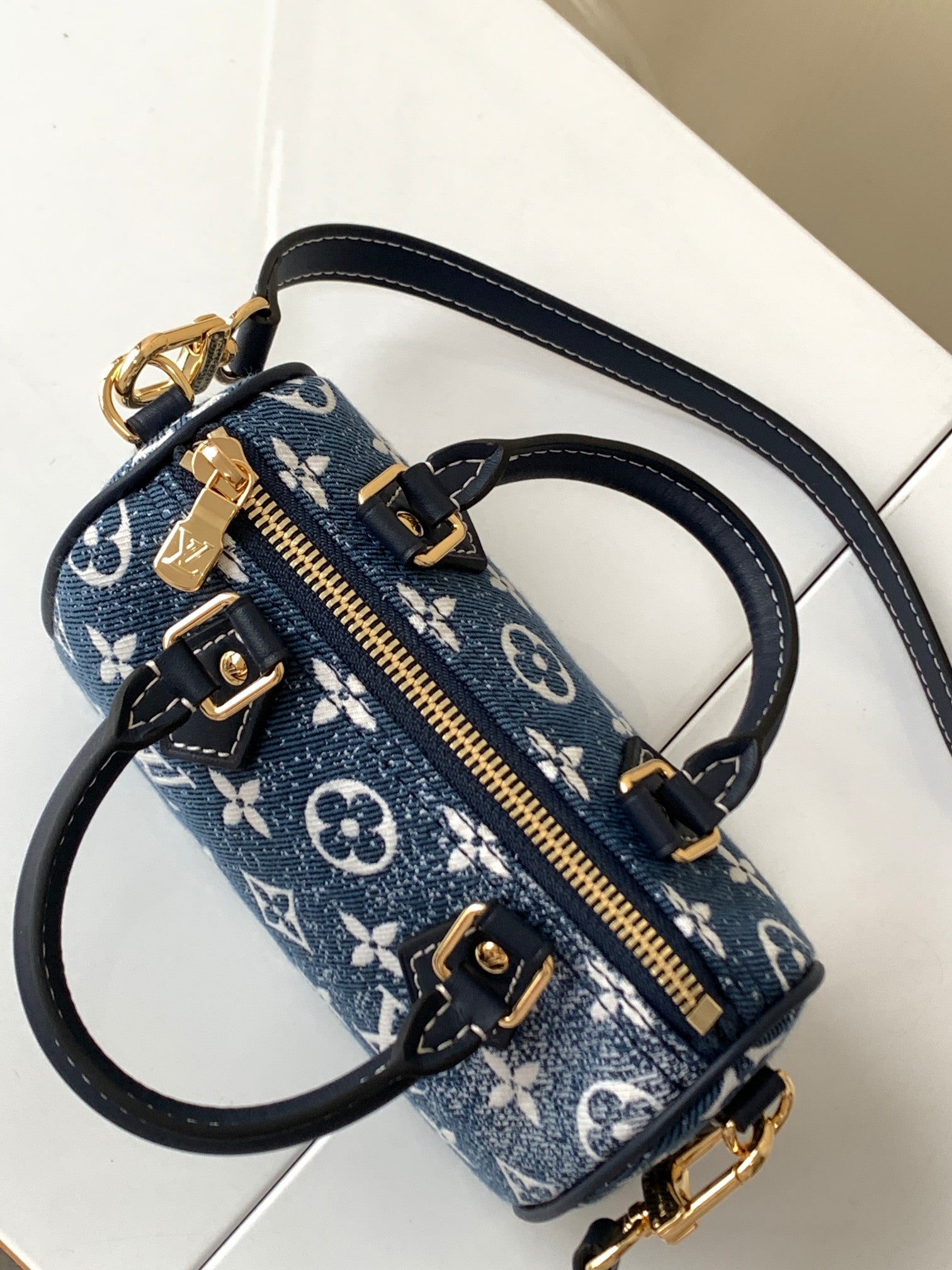 Louis Vuitton Mini Blue Denim Monogram Duffle Handbag with Crossbody Strap