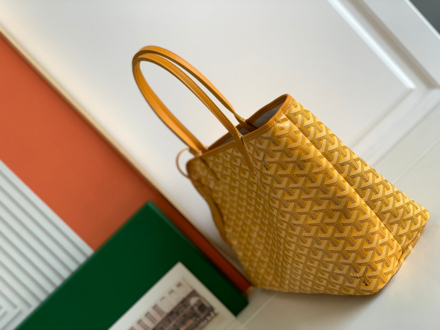 Gogy Classic Yellow Chevron Print Tote Bag with Leather Handles