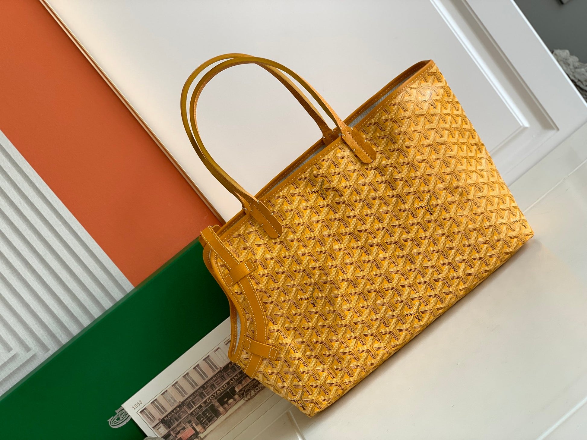 Gogy Classic Yellow Chevron Print Tote Bag with Leather Handles