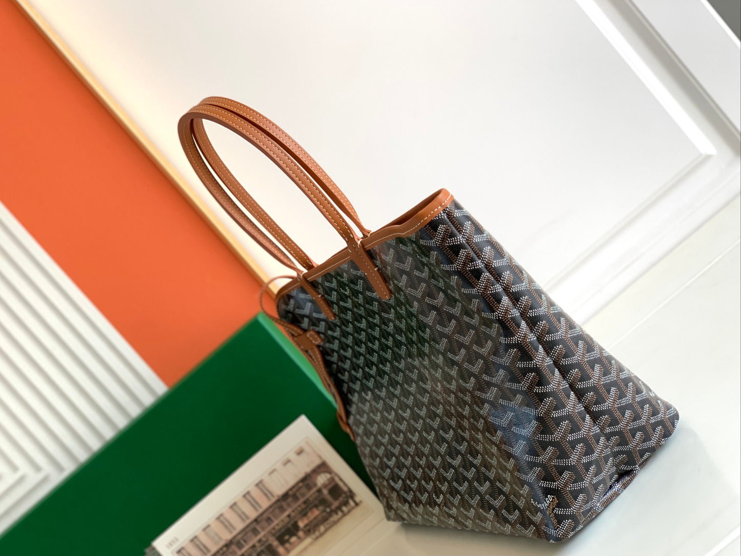 Gogy Classic Chevron Geometric Print Tote Bag with Tan Leather Straps
