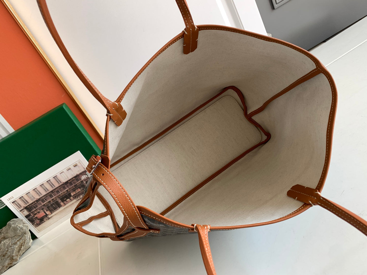 Gogy Classic Chevron Geometric Print Tote Bag with Tan Leather Straps