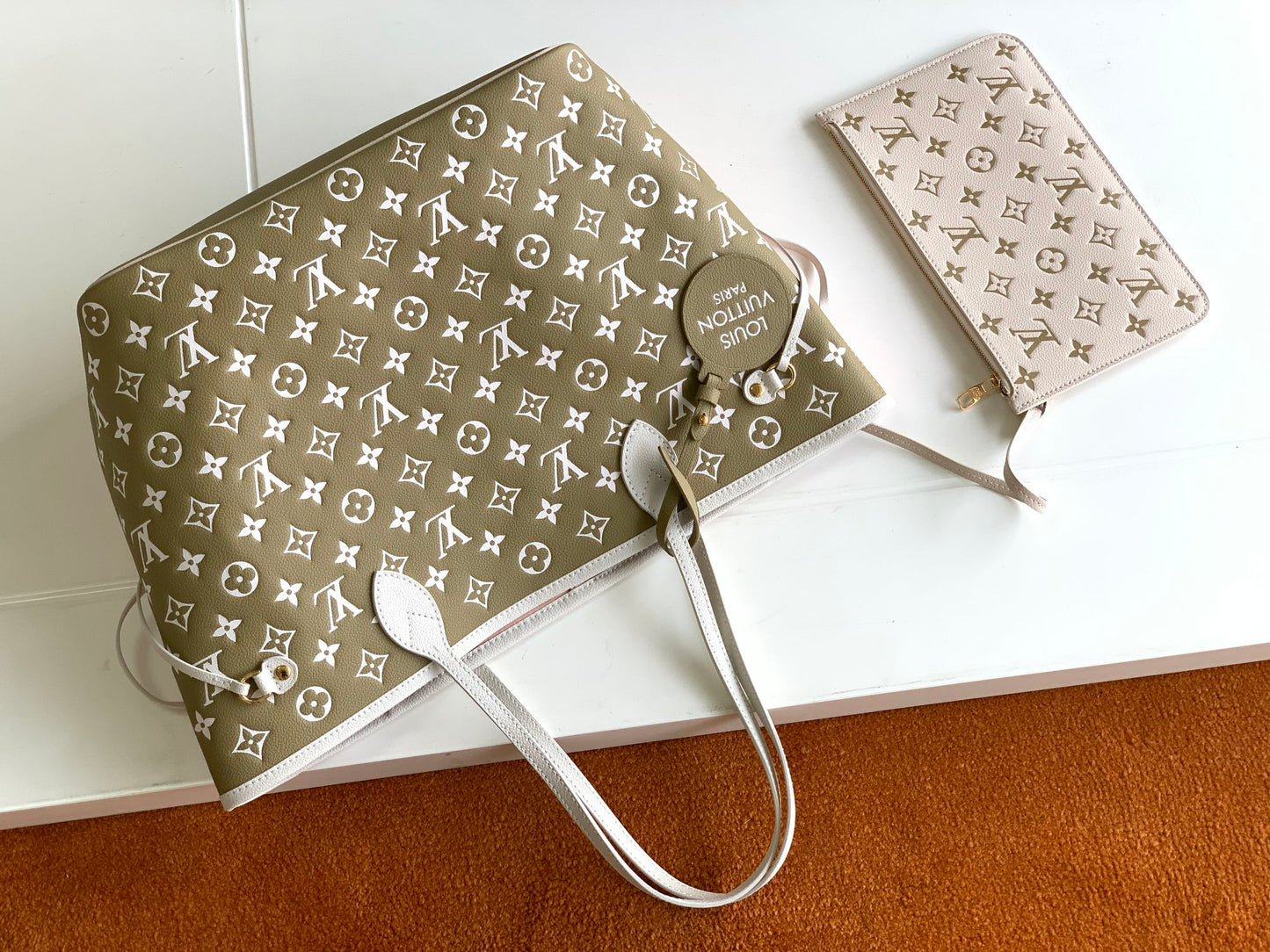 Louis Vuitton Khaki Green Monogram Canvas Tote Bag with Leather Top Handles