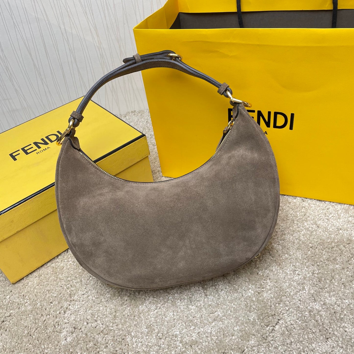Fendi Suede Crescent Hobo Bag - Taupe Grey Small Shoulder Bag
