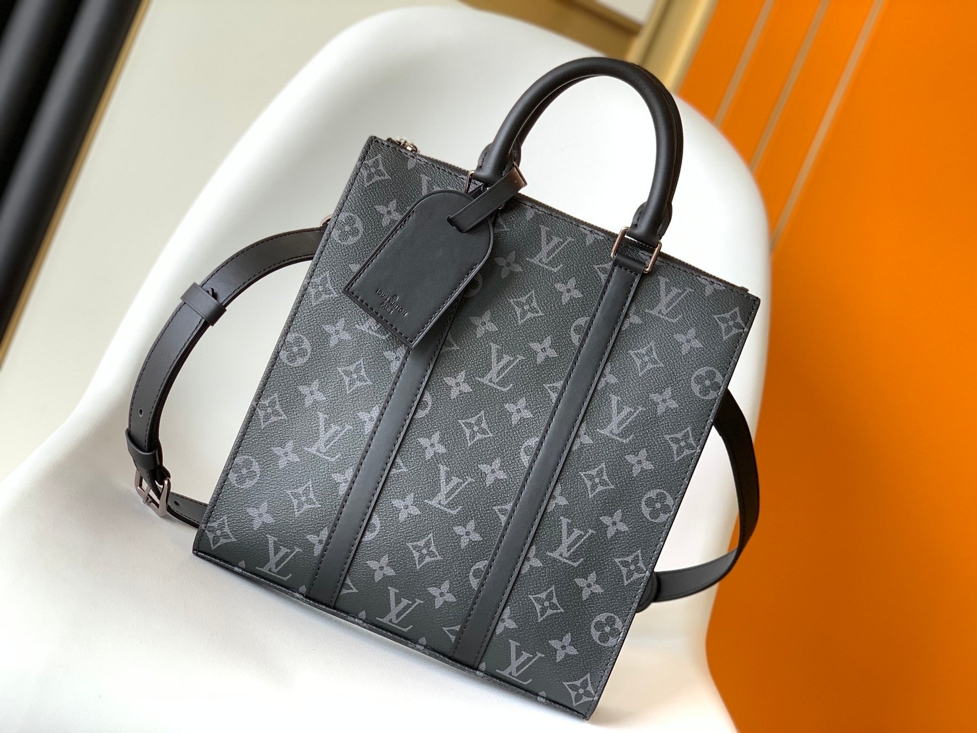 Louis Vuitton Black Monogram Square Tote Bag with Top Handle and Strap