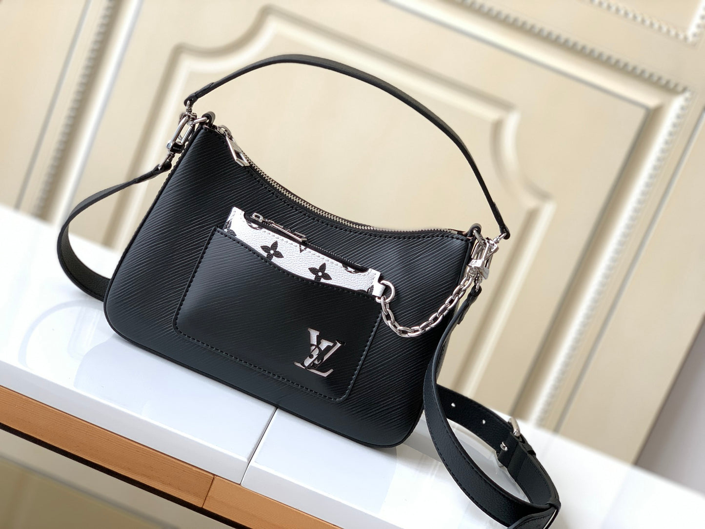 Louis Vuitton Elegant Black Embossed Leather Hobo Shoulder Bag with Pouch