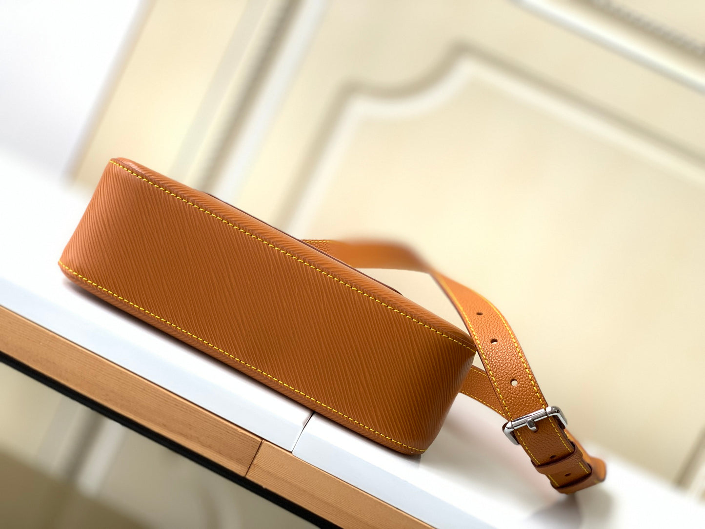 Louis Vuitton Tan Leather Shoulder Bag with Front Pocket and Chain Detail