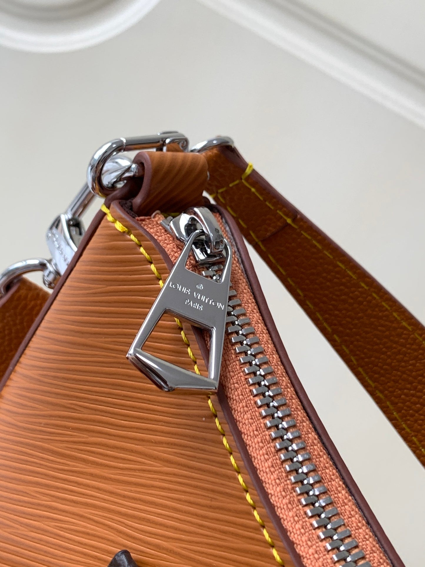 Louis Vuitton Tan Leather Shoulder Bag with Front Pocket and Chain Detail