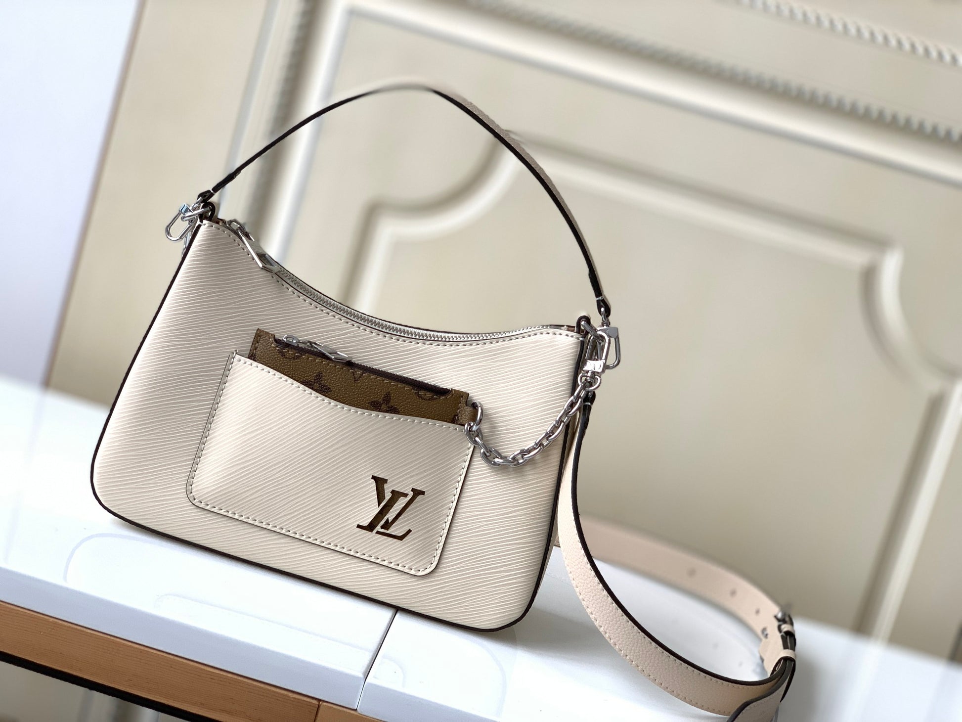 Louis Vuitton Cream Leather Shoulder Bag with Front Pocket and Chain Card Holder