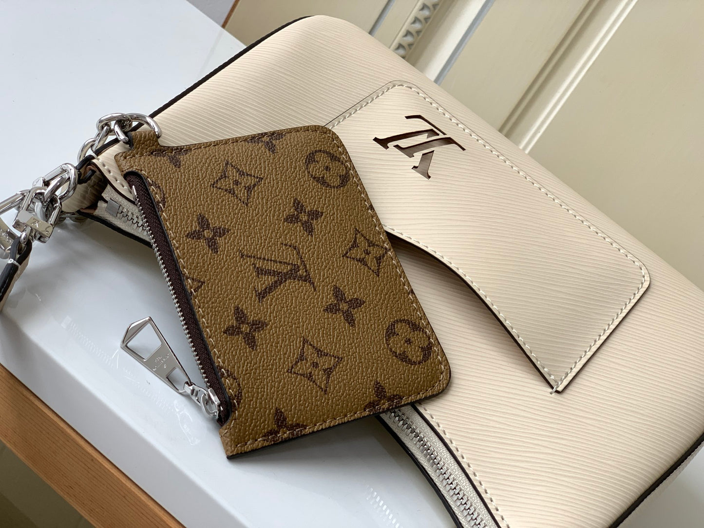 Louis Vuitton Cream Leather Shoulder Bag with Front Pocket and Chain Card Holder