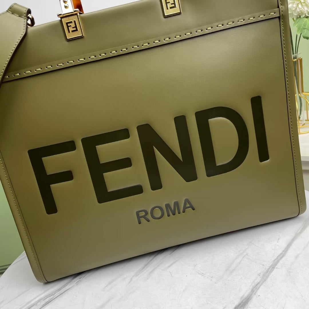 Fendi Sunshine Shopper Medium Olive Green Leather Tote Bag