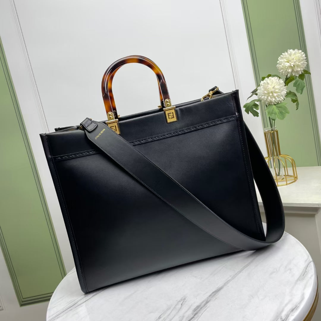 Fendi Sunshine Shopper Medium Black Leather Tote Bag