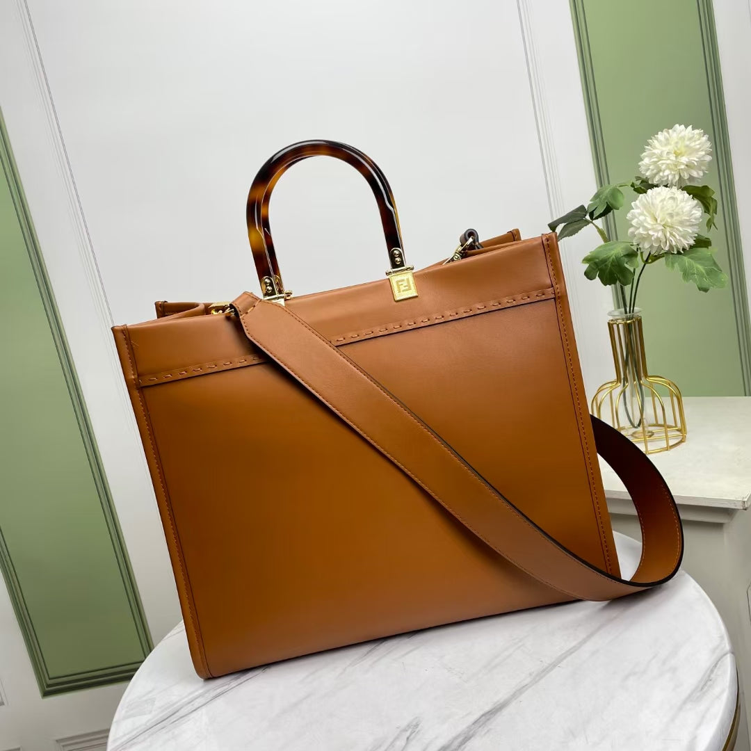 Fendi Sunshine Large Leather Shopper Tote Bag - Tan Brown