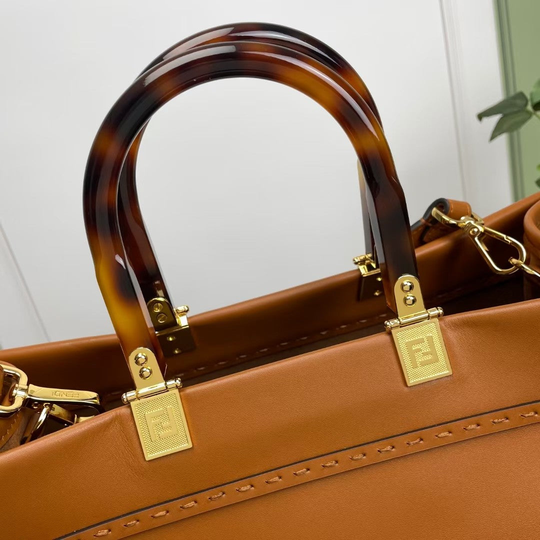 Fendi Sunshine Large Leather Shopper Tote Bag - Tan Brown