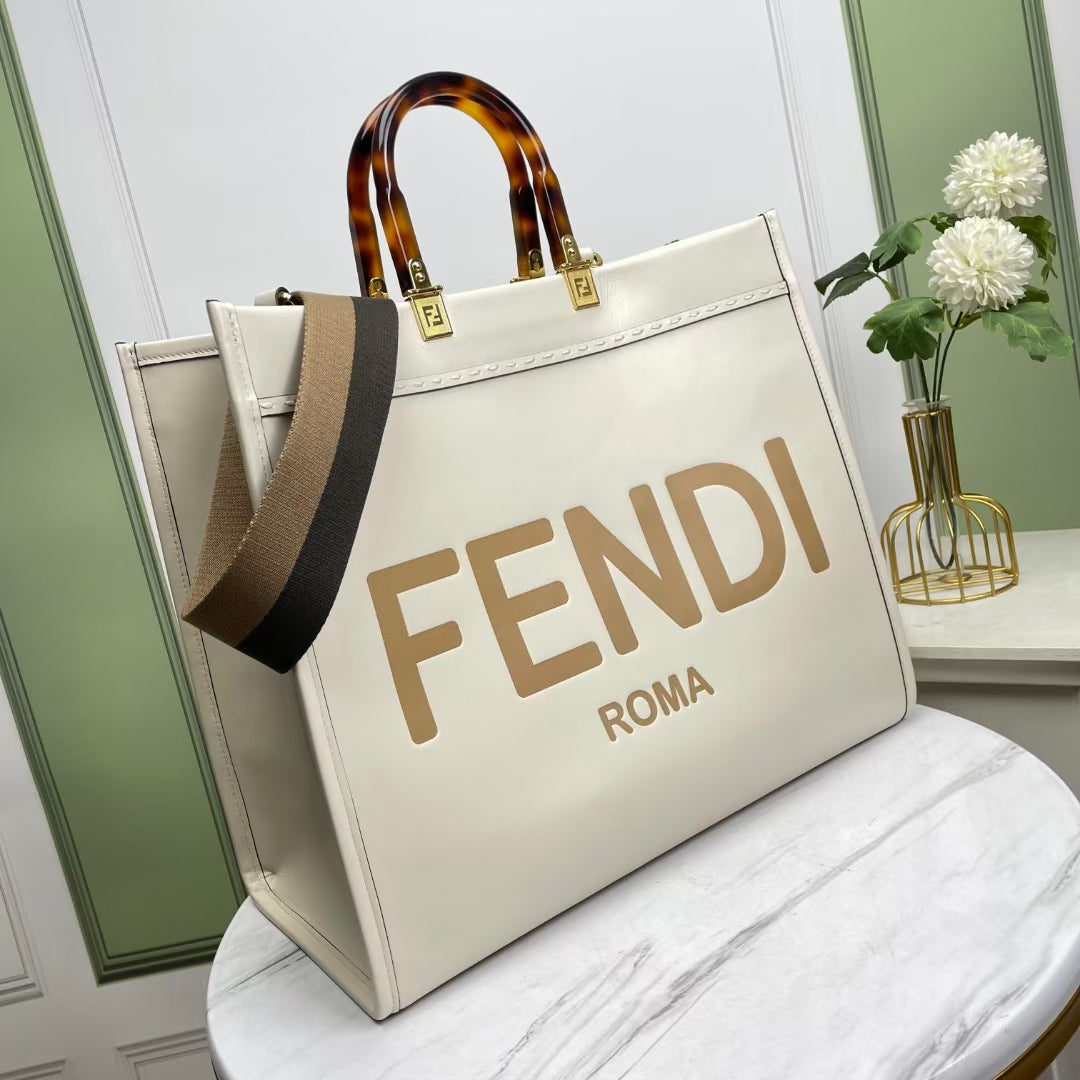Fendi Sunshine Large Roma Shopper Tote Bag - Cream Canvas with Plexiglass Handles