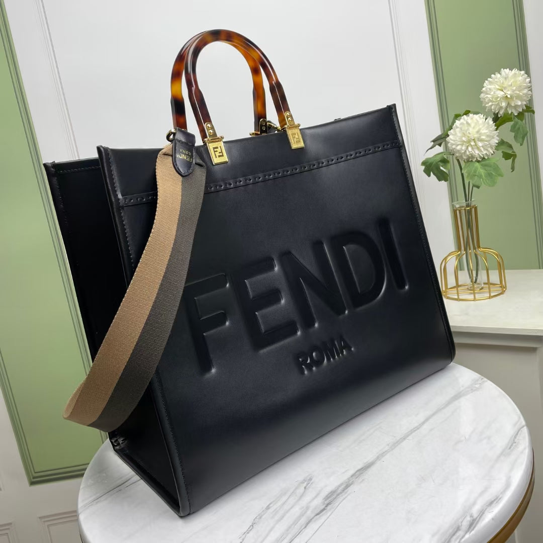 Fendi Sunshine Large Black Leather Tote Bag