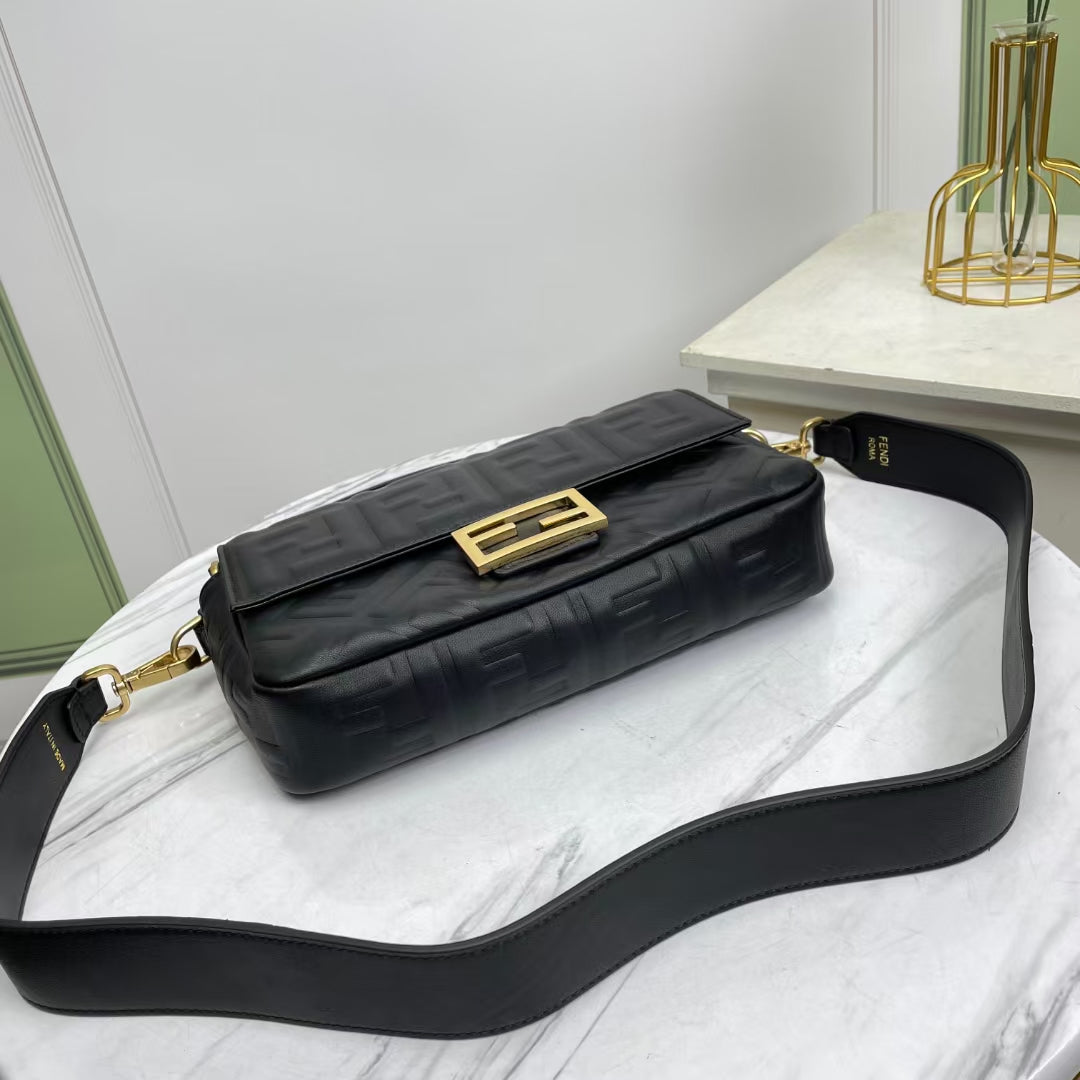 Fendi Baguette Black Embossed Leather Shoulder Bag with FF Logo