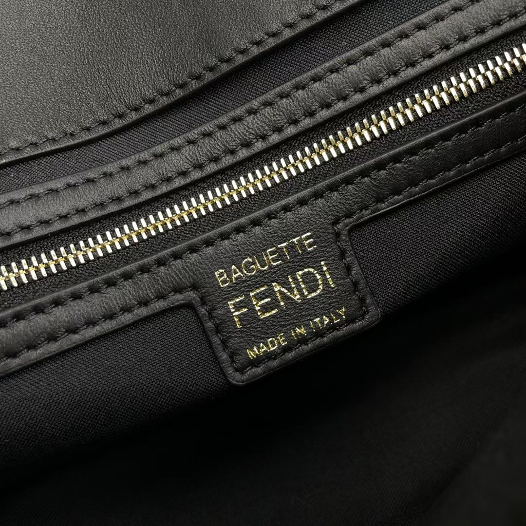 Fendi Baguette Black Embossed Leather Shoulder Bag with FF Logo
