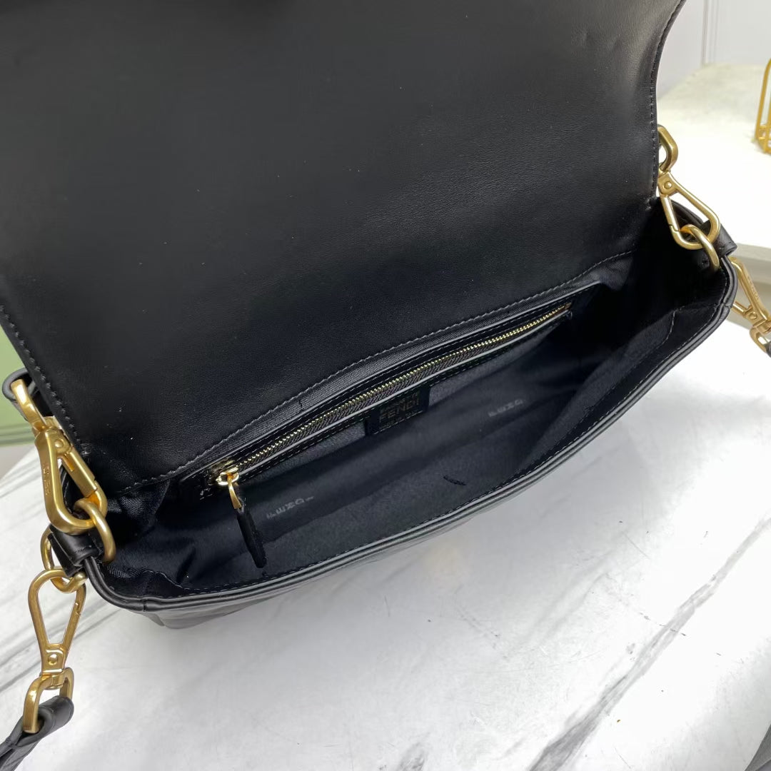 Fendi Baguette Black Embossed Leather Shoulder Bag with FF Logo