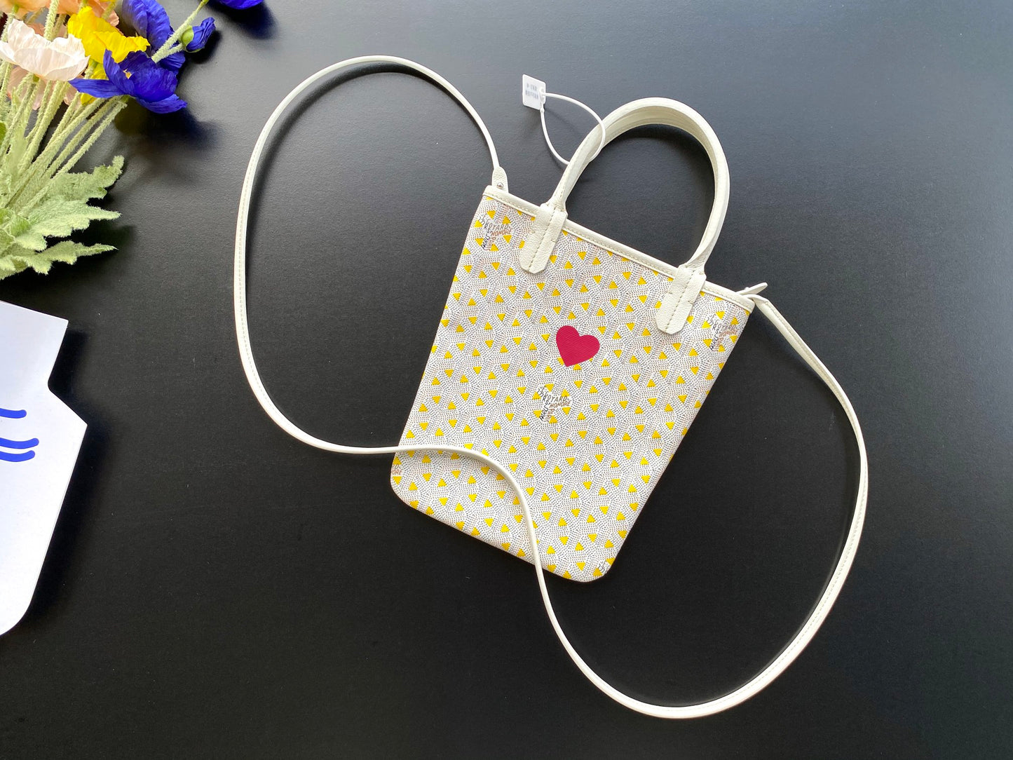 Gogy Mini Straw Crossbody Bag with Embroidered Pink Heart and Top Handle
