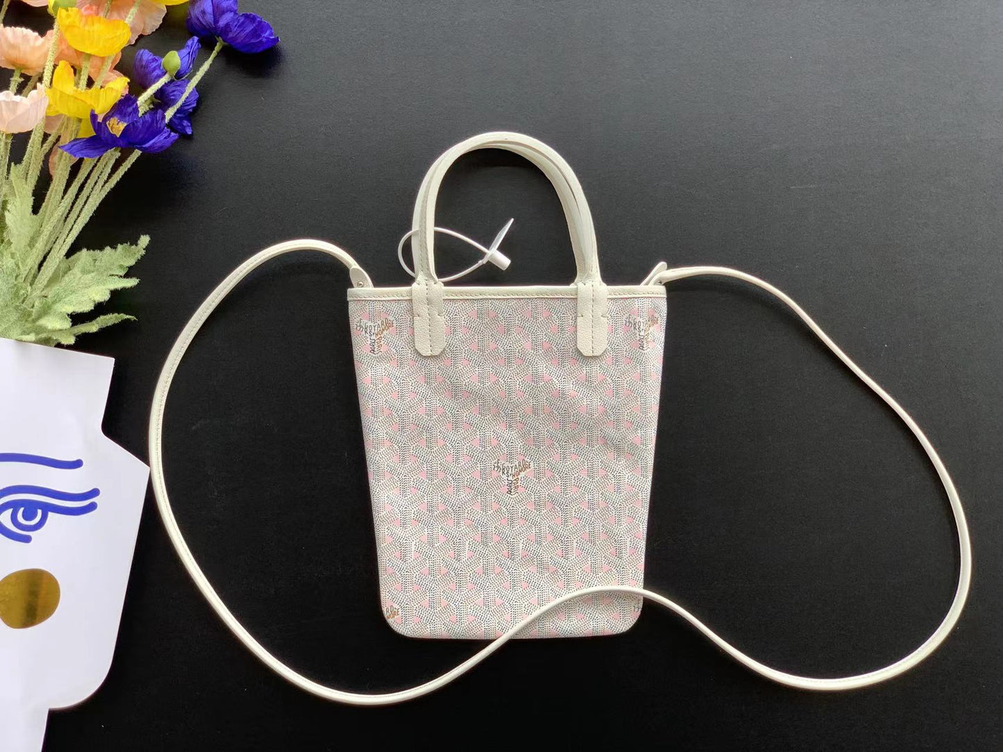 Gogy Small Off-White Canvas Mini Tote Crossbody Bag with Red Logo