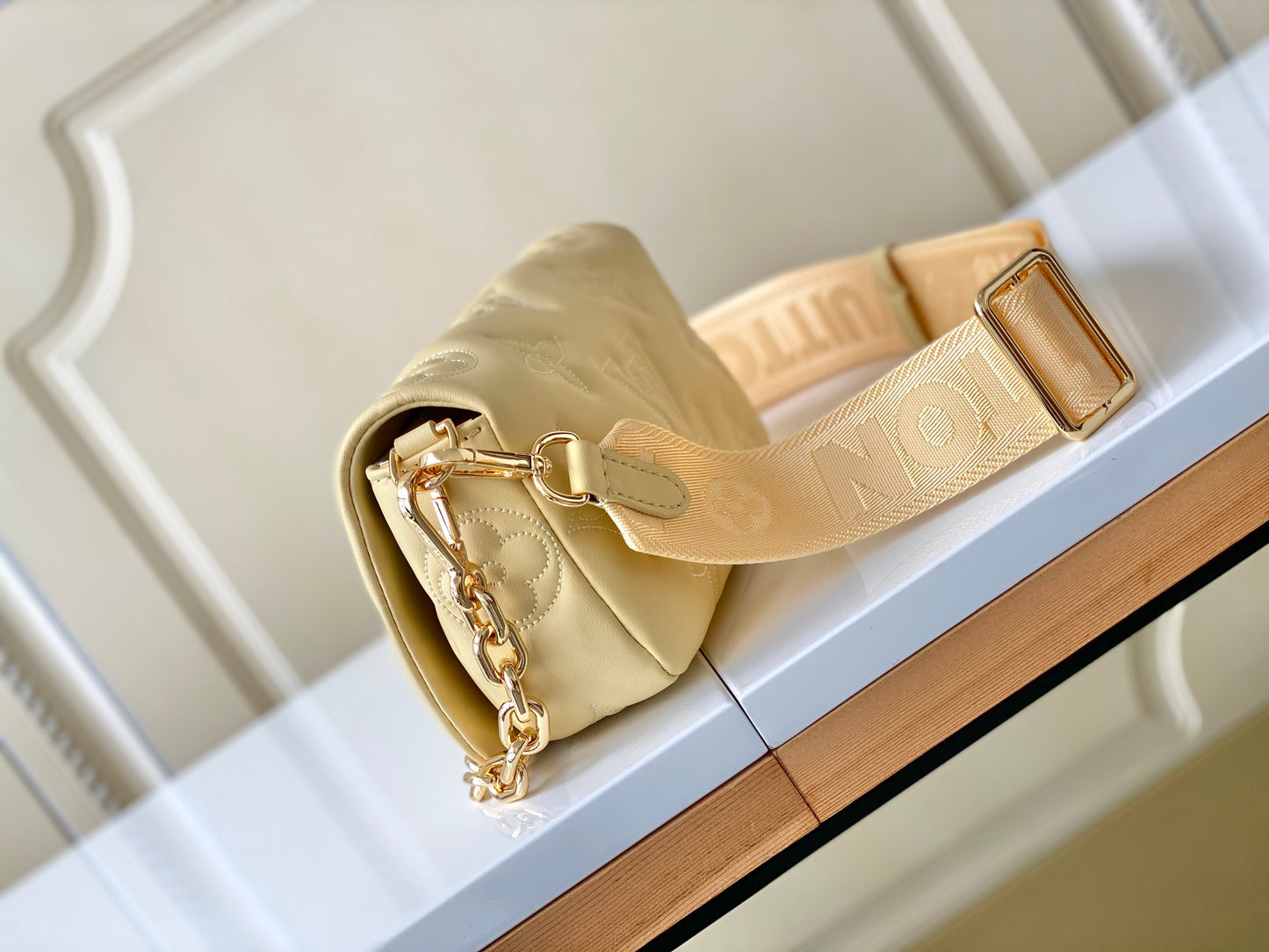 Louis Vuitton Light Yellow Quilted Crossbody Bag with Chain and Wide Strap