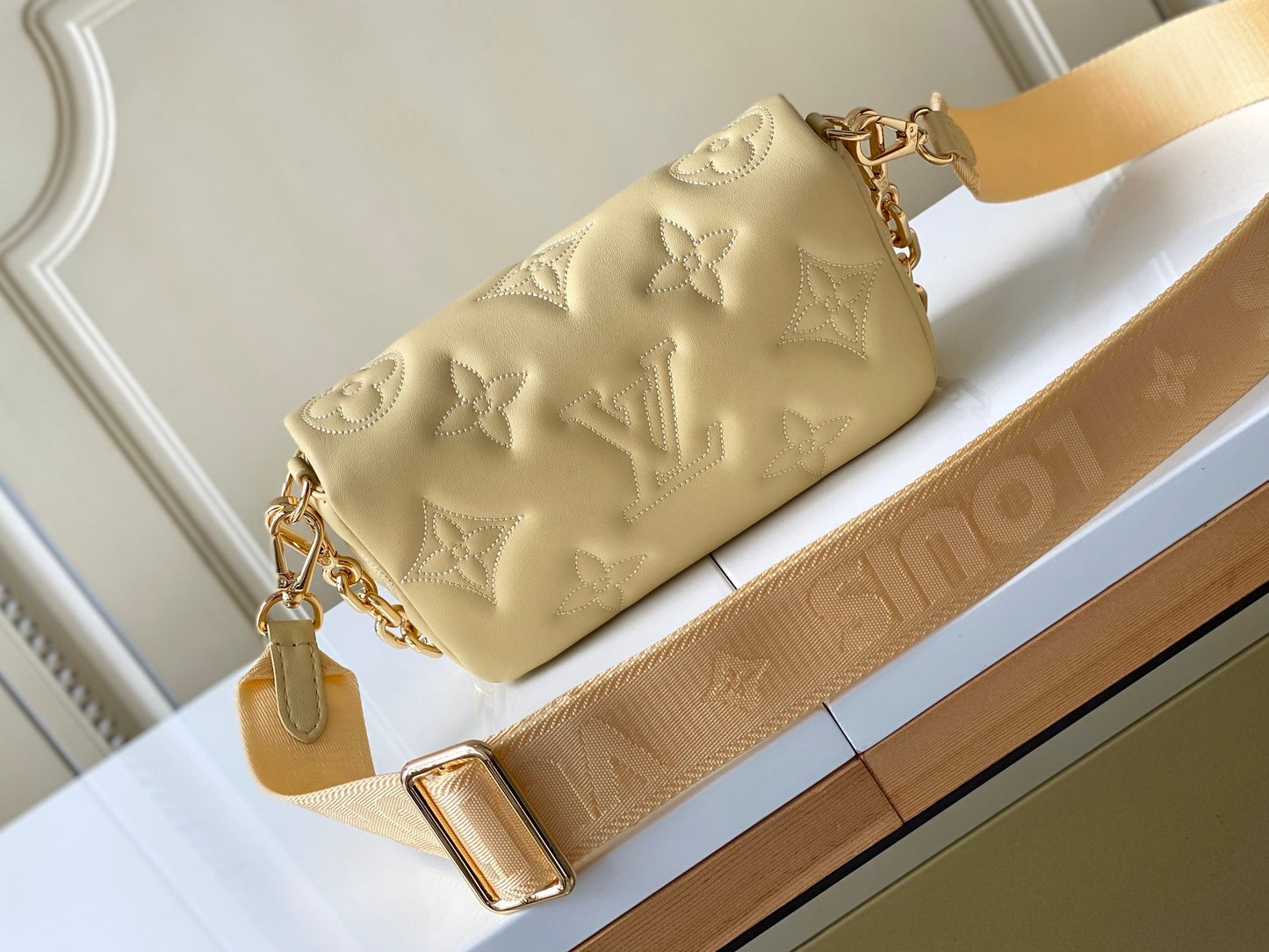Louis Vuitton Light Yellow Quilted Crossbody Bag with Chain and Wide Strap