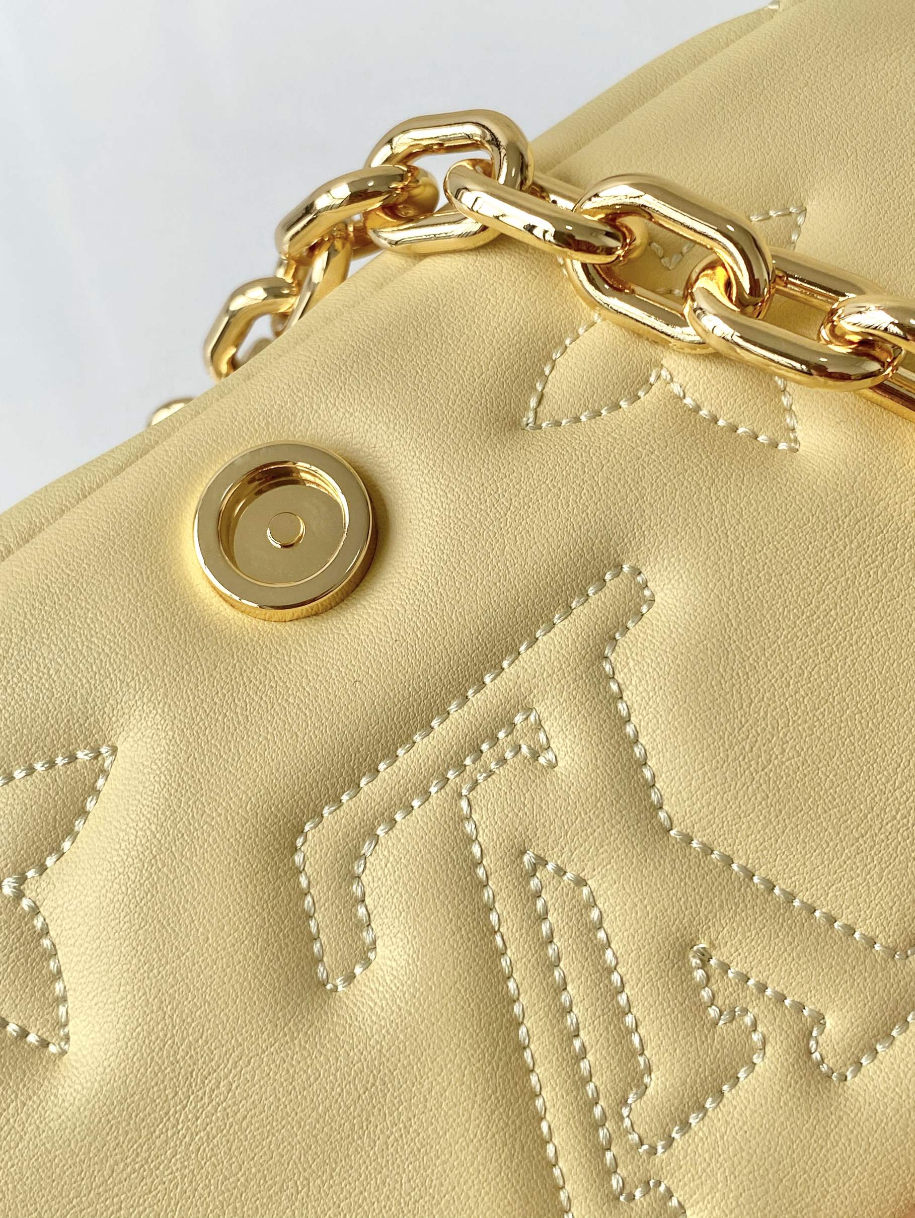 Louis Vuitton Light Yellow Quilted Crossbody Bag with Chain and Wide Strap