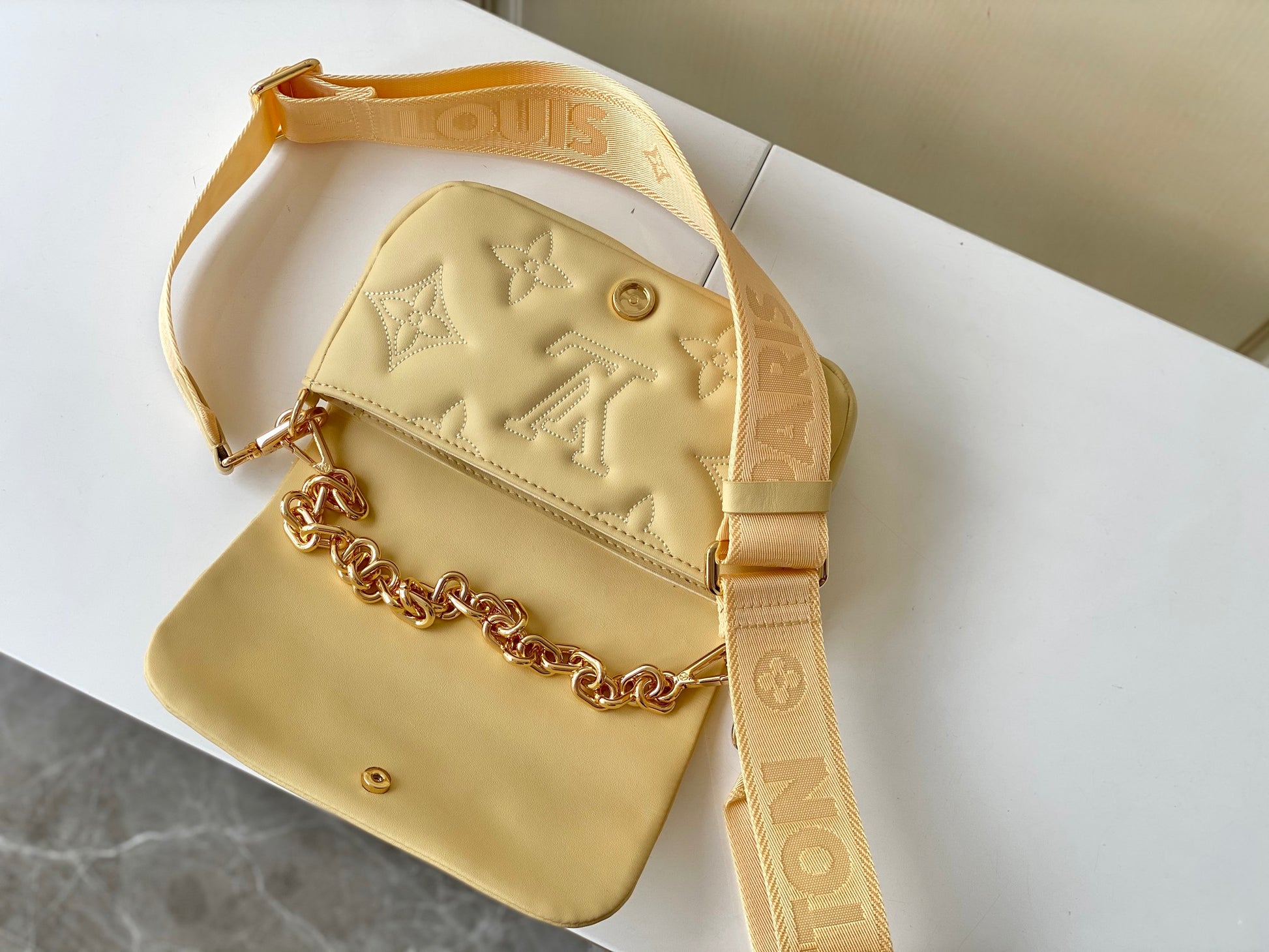 Louis Vuitton Light Yellow Quilted Crossbody Bag with Chain and Wide Strap
